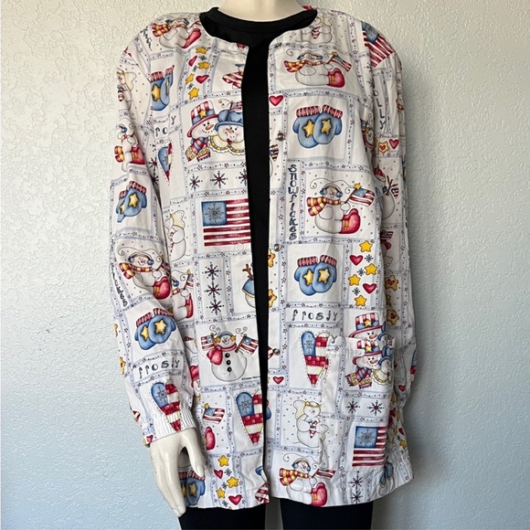 Cherokee Scrub Jacket Medium Snowman Winter Print | Festive Medical Wear - Picture 4 of 7